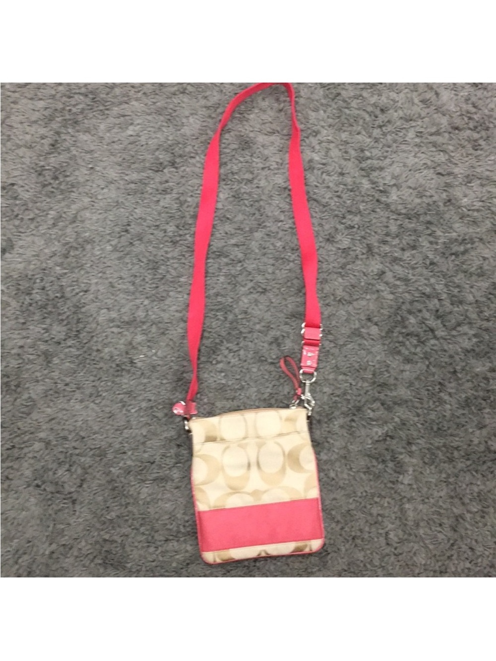 Coach Beige Signature Crossbody with Pink Trim